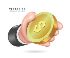 hand- Holding een goud munt of een dollar munt, 3d vector geïsoleerd Aan wit achtergrond voor ontwerpen reclame materialen over financieel bedrijf of handel Aan digitaal platformen minimalistische stijl