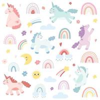 reeks van schattig eenhoorns, Scandinavisch regenbogen, maan, sterren, zon in tekenfilm vlak stijl. vector illustratie van baby paard, kleurrijk pony dier voor kleding stof afdrukken, kleding, kinderen textiel ontwerp, kaart.