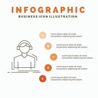 ingenieur. koptelefoon. luister. meloen. muziek- infographics sjabloon voor website en presentatie. lijn grijs icoon met oranje infographic stijl vector illustratie