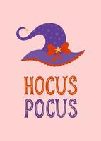 hocus pocus belettering met heks hoed. halloween vakantie decor, kaart, poster, uitnodiging, Aankondiging vector