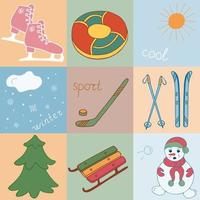 vector reeks van winter illustraties in de tekening stijl - sleeën, ski's, sneeuwman, Kerstmis boom, buizen, sneeuwvlokken, wolk, zon, hockey stok en puck, schaatsen.