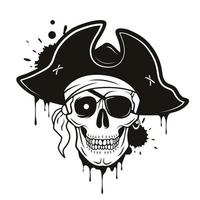 piraat schedel met oog lapje, hoed, bandana, gloeiend oog. vector hand- getrokken tekenfilm illustratie geïsoleerd Aan wit achtergrond