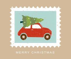 Kerstmis en gelukkig nieuw jaar post- postzegel illustratie met rood auto en boom. modieus retro stijl. vector ontwerp sjabloon.