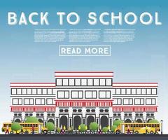 terug naar school. banier met school- bus, gebouw en studenten. vector
