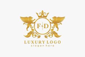 eerste fd brief leeuw Koninklijk luxe logo sjabloon in vector kunst voor restaurant, royalty, boetiek, cafe, hotel, heraldisch, sieraden, mode en andere vector illustratie.