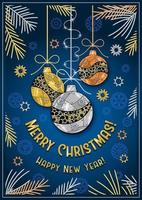 groet kaart sjabloon vrolijk Kerstmis en gelukkig nieuw jaar. Kerstmis ballen, boom naalden, sparkles Aan blauw achtergrond. ornamenten gemaakt van versnellingen, glimmend zilver metaal platen, klinknagels in steampunk stijl. vector