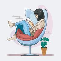 hygge levensstijl illustratie. gelukkig zittend Aan een zacht stoel en ontspannende lezing een boek vector illustratie pro downloaden