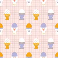modern naadloos patroon van Pasen eieren in eierdopjes met divers ornamenten Aan een roze geruit achtergrond. geschikt voor keuken textiel. vector