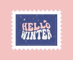 retro Jaren 60 jaren 70 Kerstmis nieuw jaar post- postzegel kaart. hippie groovy Kerstmis teken Hallo winter voor vakantie seizoen groet ansichtkaarten, stickers, t-shirts. vector