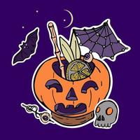 halloween partij vector illustratie. cocktail met pompoenen, knuppel, schedel Aan een donker Purper achtergrond.