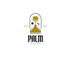 gouden palm logo ontwerp met maan en zon symbool. geschikt voor reis, spa, of toevlucht industrie logo vector