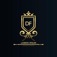 df brief eerste met Koninklijk sjabloon.elegant met kroon logo vector, creatief belettering logo vector illustratie.