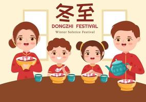 dongzhi of winter zonnestilstand festival sjabloon hand- getrokken tekenfilm vlak illustratie met familie genieten van Chinese voedsel Tangyuan en jiaozi concept vector