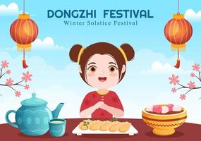 dongzhi of winter zonnestilstand festival sjabloon hand- getrokken tekenfilm vlak illustratie met familie genieten van Chinese voedsel Tangyuan en jiaozi concept vector