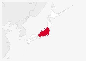 Japan kaart gemarkeerd in Japan vlag kleuren vector