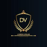 dv brief eerste met Koninklijk sjabloon.elegant met kroon logo vector, creatief belettering logo vector illustratie.