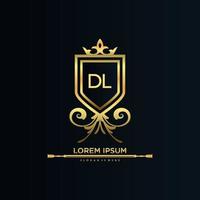 dl brief eerste met Koninklijk sjabloon.elegant met kroon logo vector, creatief belettering logo vector illustratie.