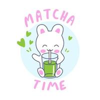 kawaii vector konijn met matcha thee beker. schattig weinig konijn en Japans groen matcha thee. opschrift matcha tijd.