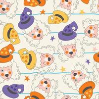 naadloos patroon van schattig tekenfilm poedel illustraties. schattig gezicht honden in tovenaar kostuums, sterren, hoeden, Aan kleurrijk lijnen licht achtergrond. herhaalbaar motief voor halloween. prints voor kinderen en kinderen. vector