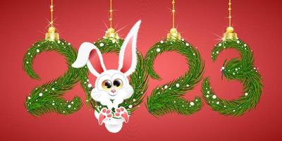 schattig pluizig wit tekenfilm winter konijn hangende in 2023 nieuw jaar nummer. vector