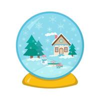 glas bal met een huis en sneeuwvlokken. vector illustratie