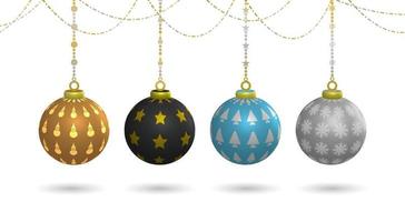 Kerstmis decoratie set, verzameling van kleurrijk hangende bal elementen met divers patroon motieven, sneeuwman, sterren, Kerstmis boom en sneeuw, 3d illustratie vector