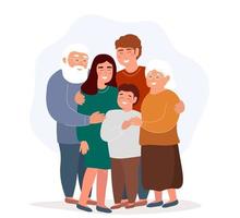 gelukkig familie knuffels. moeder, vader, zoon samen in vol groei. grootouders met kinderen en kleinzoon. vector grafiek.