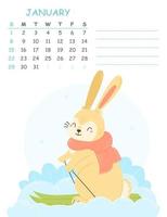 januari kinderen verticaal kalender 2023 met een illustratie van een schattig konijn Aan ski's. 2023 is de jaar van de konijn. vector winter illustratie van de kalender bladzijde.