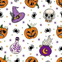 halloween naadloos vector patroon. herfst vakantie symbool - heks hoed, eng spin, magie ketel, griezelig schedel. helder vlak illustratie, tekenfilm. achtergrond voor behang, inpakken, kleding stof, web