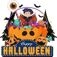 gelukkig halloween tekst logo met tekenfilm karakter vector
