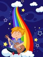 een jongen spelen gitaar Aan regenboog in de lucht vector