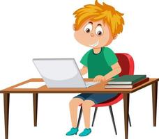 een jongen zittend in voorkant van laptop vector