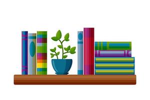 plank met boeken en ingemaakt fabriek. boeken in tekenfilm stijl. vector illustratie