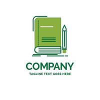boek. bedrijf. onderwijs. notebook. school- vlak bedrijf logo sjabloon. creatief groen merk naam ontwerp. vector