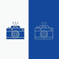 camera. fotografie. vastleggen. foto. opening lijn en glyph web knop in blauw kleur verticaal banier voor ui en ux. website of mobiel toepassing vector