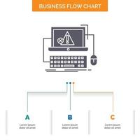 computer. Botsing. fout. mislukking. systeem bedrijf stromen tabel ontwerp met 3 stappen. glyph icoon voor presentatie achtergrond sjabloon plaats voor tekst. vector