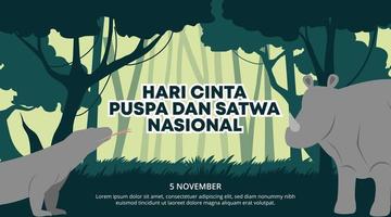 hari cinta puspa Dan satwa nasional of Indonesië nationaal fabriek en dier liefde dag met Woud en dieren vector