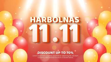 harbolnas 11 11 uitverkoop of Indonesië online boodschappen doen dag achtergrond met oranje kleur en ballonnen vector