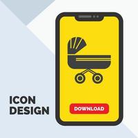 karretje. baby. kinderen. duw. wandelwagen glyph icoon in mobiel voor downloaden bladzijde. geel achtergrond vector