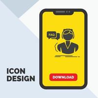 FAQ. bijstand. telefoongesprek. overleg. helpen glyph icoon in mobiel voor downloaden bladzijde. geel achtergrond vector