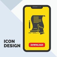 contract. document. papier. teken. overeenkomst. toepassing glyph icoon in mobiel voor downloaden bladzijde. geel achtergrond vector