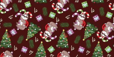 naadloos Kerstmis patroon met een luiaard, snoep wandelstokken, geschenk dozen, Spar, Kerstmis boom Aan rood donker achtergrond. voor papier, omhulsel papier, textiel, verpakking, achtergronden, kaarten. vector patroon.