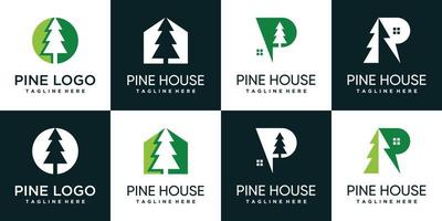 pijnboom boom logo ontwerp verzameling met huis icoon en creatief modern concept premie vector