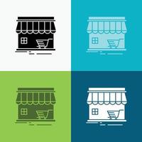 winkel. op te slaan. markt. gebouw. boodschappen doen icoon over- divers achtergrond. glyph stijl ontwerp. ontworpen voor web en app. eps 10 vector illustratie