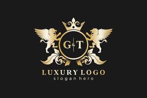 eerste gt brief leeuw Koninklijk luxe logo sjabloon in vector kunst voor restaurant, royalty, boetiek, cafe, hotel, heraldisch, sieraden, mode en andere vector illustratie.