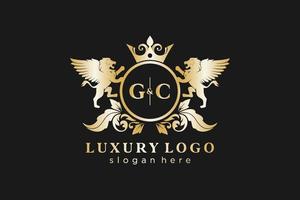 eerste gc brief leeuw Koninklijk luxe logo sjabloon in vector kunst voor restaurant, royalty, boetiek, cafe, hotel, heraldisch, sieraden, mode en andere vector illustratie.