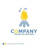 brand. vlam. vreugdevuur. camping. kamp blauw geel bedrijf logo sjabloon. creatief ontwerp sjabloon plaats voor slogan. vector