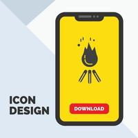 brand. vlam. vreugdevuur. camping. kamp glyph icoon in mobiel voor downloaden bladzijde. geel achtergrond vector