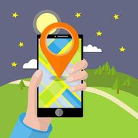 hand- met telefoon met navigator app. zoeken route in natuur. heuvels en sterrenhemel nacht. wandelen en buitenshuis activiteiten. tekenfilm vlak illustratie. vector