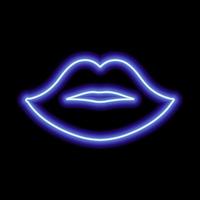 blauw neon lippen Aan een zwart achtergrond. de contour van de vrouwen lippen. kus vector